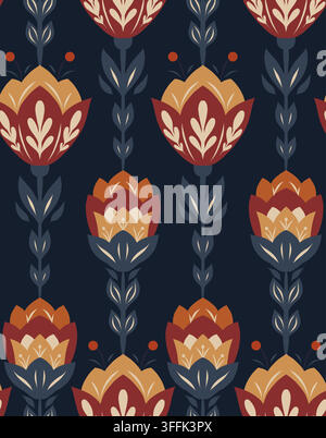 Motif décoratif vectoriel avec des fleurs d'art populaire alignées sur un fond sombre. Texture de tracery avec des fleurs sauvages. Motif floral vertical pour papier peint et Illustration de Vecteur