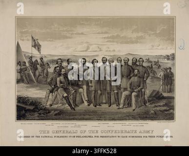 Lithographie commémorative intitulée "Les Généraux de l'Armée Confédérée", publiée par la National Publishing Company of Philadelphia (vers 1875). Le portrait de groupe composite représente le président confédéré Jefferson Davis debout en civil au centre, entouré des commandants clés de l'Armée des États Confédérés en uniforme complet – y compris Robert E. Lee, P. G. T. Beauregard, Thomas "Stonewall" Jackson, J. E. B. Stuart, Joseph E. Johnston, Braxton Bragg, A. P. Hill, Wade Hampton, Sterling Price, Nathan Bedford Forrest et John Hunt Morgan. Un camp militaire avec des tentes, de la cavalerie, de l'artillerie Banque D'Images