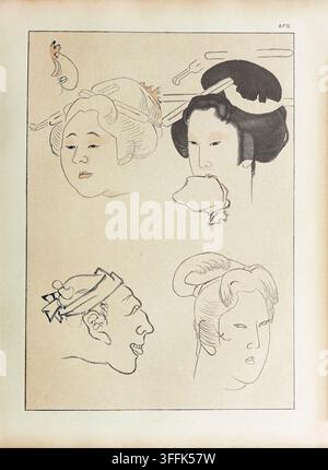 L'art du Japon. Esquisses originales. Par Hokusai. 1889 Cette page d'études de figures expressives, attribuée au légendaire maître de l'ukiyo-e Katsushika Hokusai (1760–1849), capture son mélange caractéristique d'acuité observationnelle et de stylisation ludique. Les croquis dépeignent diverses têtes – à la fois masculines et féminines – avec des coiffures, des accessoires et des expressions faciales variées, certaines délicatement contournées, d'autres partiellement rendues en couleur. La fascination de Hokusai tout au long de sa vie pour la forme et le geste humains est évidente dans ces dessins préparatoires, probablement destinés à être utilisés dans la conception de gravures sur bois, les références de peinture, Banque D'Images