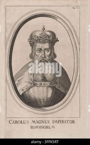 Gravure ancienne en cuivre représentant Charlemagne (Carolus Magnus, 742/748–814), roi des Francs, roi des Lombards et premier empereur des Romains (couronné à Rome par le pape Léon III le jour de Noël 800), qui unifia l’Europe occidentale et centrale sous l’empire carolingien. Dans un médaillon ovale moulé, le portrait en buste présente le souverain dans la tradition idéalisée de la portraiture impériale de la Renaissance, rendu avec une barbe et une moustache fluides, une couronne impériale arquée surmontée d’un globe crucifère et des robes cérémonielles bordées d’hermine ornées de gemmes. Banque D'Images