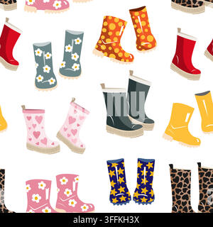 Des bottes en caoutchouc dessinant un motif sans couture. Arrière-plan joyeux de bottes de pluie. Illustration vectorielle dessinée à la main Illustration de Vecteur