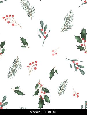 Motif sans couture d'éléments botaniques simples. Branche d'arbres à feuilles persistantes aquarellée, ilex, baies rouges. Fond répété dessiné à la main. Infini Banque D'Images