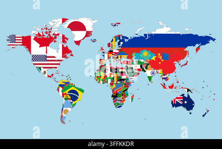 Une carte du monde remplie de drapeaux nationaux, illustrant les pays du globe dans un design coloré. Chaque région est marquée par son drapeau unique. Illustration de Vecteur
