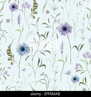 Aquarelle modèle sans couture avec illustration bleu clair et violet fleurs sauvages herbes fleurs - phlox, bleuet, fritillaire, échinacée, Marguerite Banque D'Images