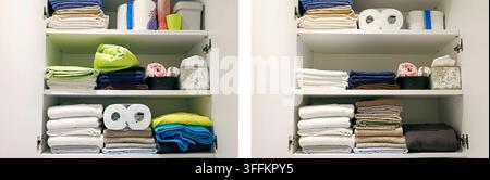 Nettoyage d'armoire de salle de bain avant après résultat avec étagères esthétiques. Banque D'Images