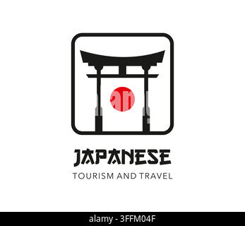 Silhouette noire d’une porte torii japonaise avec disque solaire rouge. Emblème de voyage minimaliste avec texte en gras pour le branding d’agences de voyages, sites Web de destinations au Japon Illustration de Vecteur