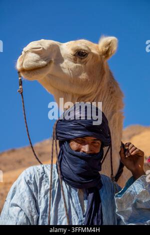 Homme touareg portant un turban indigo debout sous la tête de son chameau dans le désert, Nord-Afrique, Tamanrasset, Algérie Banque D'Images
