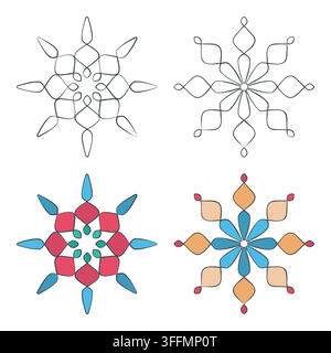 Ensemble d'icônes symboliques mandala floraux. Silhouette plate colorée, collection d'éléments de contour, ligne de croquis géométrique moderne abstraite et irrégulière isolée Illustration de Vecteur