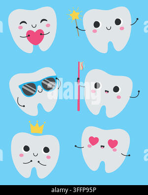 Ensemble de personnages de dessin animé mignons représentant des dents avec des émotions, isolés sur fond bleu. Collection vectorielle de dentisterie pédiatrique mettant en vedette des dents amusantes avec un cœur, cr Illustration de Vecteur