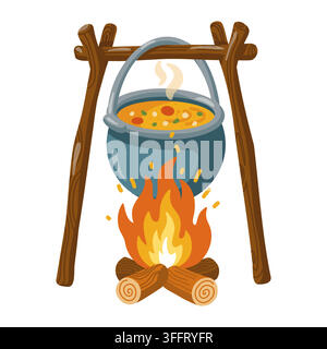 Chaudière à soupe suspendue cuisant sur un feu de camp sur un support en bois. Illustration vectorielle de dessin animé sur fond blanc Illustration de Vecteur