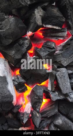 gros plan de charbon de bois brûlé pour le barbecue Banque D'Images