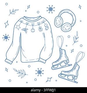 Ensemble de vêtements d'hiver et de cliparts de patinage sur glace Illustration de Vecteur