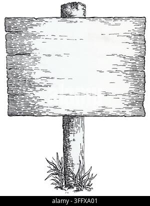Illustration à l'encre dessinée à la main d'un panneau en bois cloué à un poteau. Banque D'Images