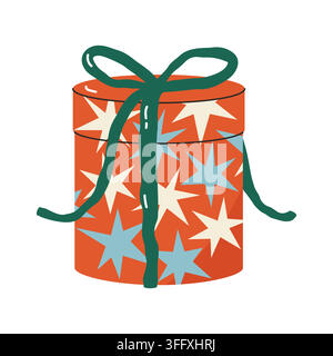 Boîte cadeau ronde rouge décorée d'un motif d'étoiles et d'un nœud ruban vert pour la saison des fêtes Illustration de Vecteur
