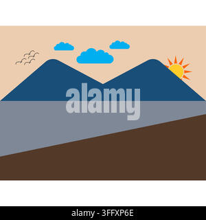 Paysage montagneux au design plat abstrait avec soleil levant, pics bleus et oiseaux volant dans un ciel clair pour des concepts de nature et de voyage. Illustration de Vecteur
