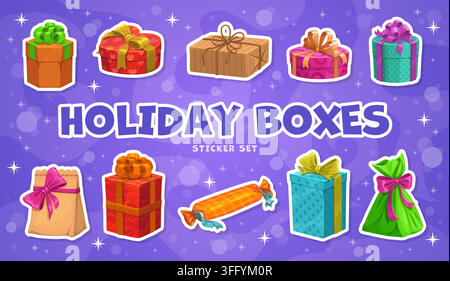 Autocollants de boîte-cadeau de vacances en forme de dessins animés de cadeaux et de boîtes-cadeaux, paquets vectoriels. Boîtes-cadeaux avec rubans pour Noël ou le Nouvel An et fête d'anniversaire dans des emballages colorés, forme de cœur et bonbons Illustration de Vecteur