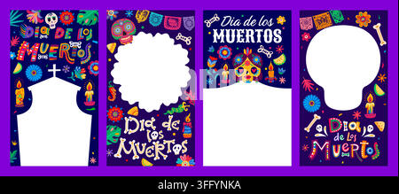 Modèles de médias sociaux pour la fête mexicaine du Jour des Morts ou Dia de Los Muertos. Lettrage Catrina calavera crâne et os squelette avec papel picado et ornement de fleurs pour le Jour des Morts mexicain Illustration de Vecteur