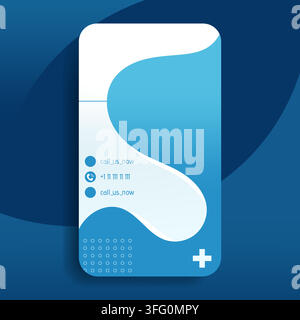 La mise en page bleue de l'histoire médicale donne une liste de contacts avec un numéro de téléphone et une icône plus dans le coin. Illustration de Vecteur