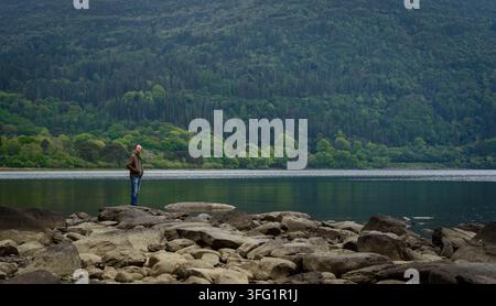 Personne debout sur la rive rocheuse d'un lac tranquille entouré de forêt et de montagnes sous un ciel nuageux, touriste masculin debout sur des rochers au Dun Banque D'Images