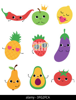 Ensemble de personnages mignons de fruits et légumes en dessin animé isolés sur fond blanc. Collection vectorielle Kawaii d'aliments sains mettant en vedette la fraise, l'avocat, le pin Illustration de Vecteur