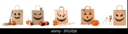Célébration d'Halloween et achats de friandises ou de friandises, sacs en papier avec des visages de lanternes jack-o et des décorations effrayantes isolées sur un fond blanc Banque D'Images