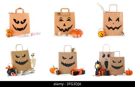 Achats et préparations pour Halloween, sacs cadeaux en papier avec des visages effrayants et des décorations de fête isolés sur un fond blanc Banque D'Images