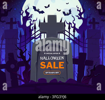 Offre de vente Happy Halloween, bannière de réduction effrayante avec pierre tombale abandonnée dans un cimetière. Pierre tombale fissurée et effrayante, chauves-souris volantes et pleine lune sur fond sombre Illustration de Vecteur