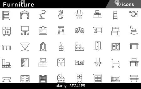 Ensemble d'icônes de ligne de meubles comprenant 40 symboles de contour incluant une chaise de bureau, une lampe de bureau, un lit double, une armoire, une table à manger et des icônes d'intérieur de canapé. Illustration de Vecteur