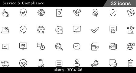 Ensemble d'icônes de ligne pour service et conformité comprenant 32 symboles de contour incluant des icônes de contrôle qualité, bouclier de sécurité, certificat et accord juridique. Illustration de Vecteur