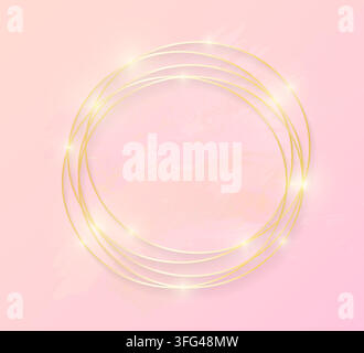 Cercle doré brillant et lumineux cadre ovale avec des coups de pinceau pastel rose isolés sur fond rose. Bordure de ligne luxueuse dorée pour invitation, carte, vente Illustration de Vecteur