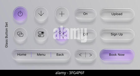 Boutons UI en verre transparent isolés sur fond. Conception réaliste vectorielle 3D de cadres liquides élégants avec ombres douces, icônes contemporaines de morphisme de verre pour applications d'interface web et mobile Illustration de Vecteur