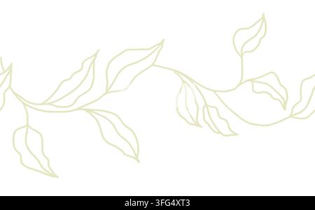 feuilles gracieuses sur des brindilles dans un schéma de couleur olive clair sur un fond neutre. Illustration aquarellée. La bordure sans couture printanière est dessinée à la main. Pour Banque D'Images