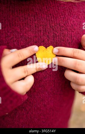 Les mains d'un enfant tenant une feuille d'automne jaune en forme de cœur Banque D'Images