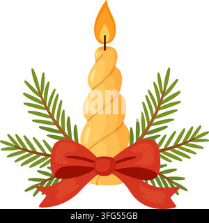 Arrangement de bougie de Noël dessiné à la main exquis en vecteur. Belle cire en spirale torsadée de style plat avec nœud en ruban rouge et branches de sapin isolées sur tra Illustration de Vecteur