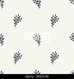 Motif botanique sans couture de branches de feuilles avec des brins bleu foncé dessinés à la main se répétant sur fond crème. Vecteur floral monochromatique minimaliste Illustration de Vecteur