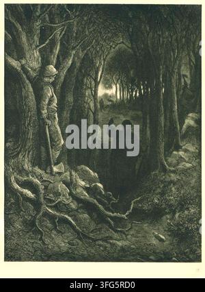 Gravure sur bois de Gustave Doré illustrant « Le Rime of the Ancient Mariner » de Samuel Taylor Coleridge. Une figure de la forêt se tient à côté d'une hache et d'un sentier forestier, représentant l'épisode de l'Ermite associé à l'arrivée du Matelot sur le rivage et à sa confession ultérieure. De l'édition littéraire illustrée. Banque D'Images