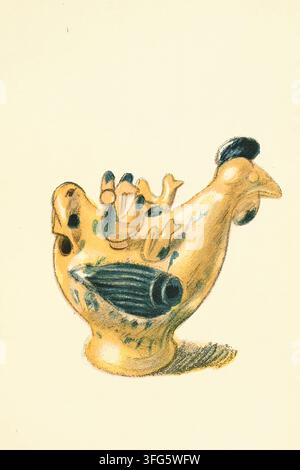 Illustration historique d'un étrange jouet en argile représentant une poule avec plusieurs petits poussins glissant sur son dos. La poule n'est pas une tirelire mais un sifflet, décrit comme un jouet très amusant. Tiré de Toys, peint par Walter Trier (1890–1951), publié en 1922. Banque D'Images