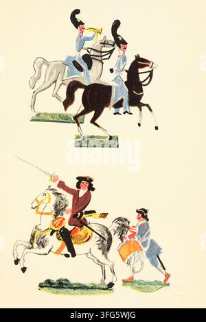 Illustration historique de Toys, peinte par Walter Trier (1890–1951), publiée en 1922. Des soldats en étain et des figurines de cavalerie montée apparaissent dans deux scènes : des grenadiers en uniforme, un trompette et un tambour en haut, et un capitaine monté suivi d’un tambour en bas. Les soldats de plomb sont représentés sur des bases peintes, avec des chevaux en mouvement et des tenues militaires colorées. Banque D'Images