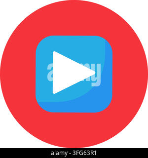 Icône d'illustration de vecteur plat de diffusion multimédia avec bouton de lecture de lecteur vidéo. Cadre cercle rouge carré arrondi bleu bouton triangle de lecture blanc démarrage lecteur U Illustration de Vecteur