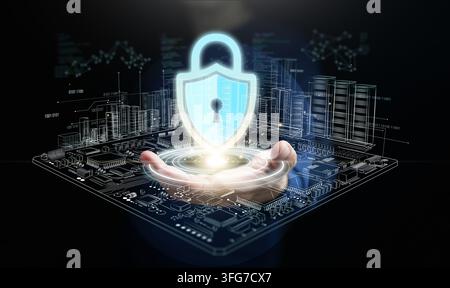 Concept de cybersécurité. Une main d'homme avec une icône de cadenas bouclier lumineuse sur une carte circuit et un stockage serveur pour la protection des systèmes et des données, la sécurité, pri Banque D'Images