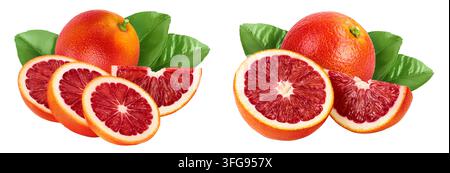 Oranges rouges sanguines avec des tranches isolées sur fond blanc avec pleine profondeur de champ Banque D'Images