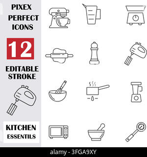 Ensemble d'icônes de ligne pour les essentiels de cuisine avec trait modifiable Illustration de Vecteur