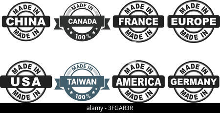Ensemble de vecteurs de tampons « Made in country » comprenant huit badges circulaires noirs et bleus avec étiquettes de texte pour la Chine, le Canada, la France, l'Europe, les États-Unis et Taïwan. Illustration de Vecteur