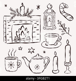 Ensemble de doodles pour cheminée de Noël, bougie et thé confortables Illustration de Vecteur
