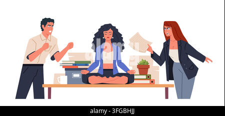 Jeune femme est assise en position du lotus sur un bureau au bureau tandis que des collègues lui crient dessus. Paix et tranquillité. Carte moderne plate il Illustration de Vecteur