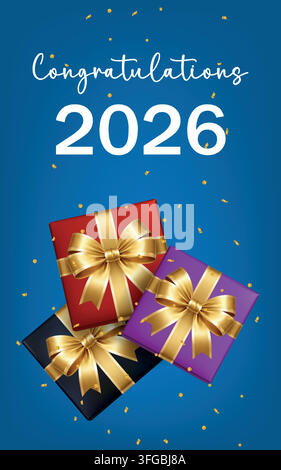 Carte de vœux 2026 avec des boîtes-cadeaux colorées et des confettis dorés sur fond bleu pour une célébration festive Illustration de Vecteur