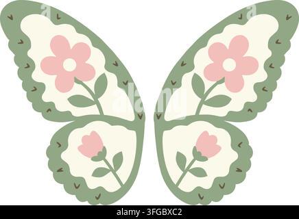 Illustration plate d'ailes de papillon vert pâle décorées de fleurs roses, de vignes feuillues et de motifs ornementaux doux Illustration de Vecteur