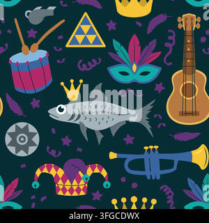 Motif sans couture du carnaval de Santa Cruz de Tenerife avec sardine, masque à plumes et autres symboles sur fond sombre Illustration de Vecteur