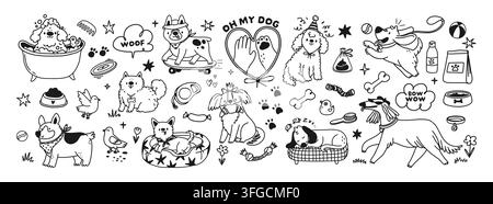 Chiens mignons. Personnage animal Doodle. Chiens funky de différentes races marchant, jouant, assis. Jouet animal en contour, accessoires, friandises. Adapté aux animaux de compagnie Illustration de Vecteur