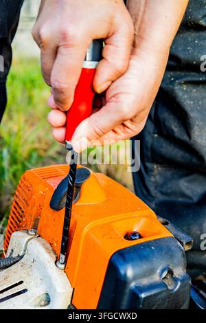 gros plan de mains utilisant un tournevis pour ajuster une tronçonneuse orange en plein air, montrant la réparation d'outils et l'entretien de l'équipement de jardin. Banque D'Images